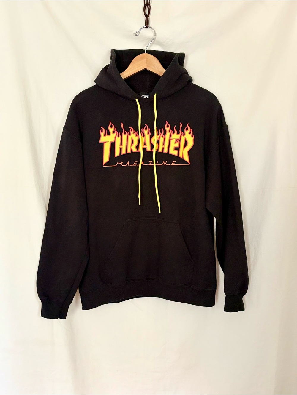 Thrasher Black Hoodie with Yellow Flame Logo and Yellow Drawstrings